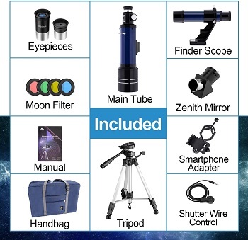 Artículos incluidos en el telescopio, lentes de colores, aumentos, trípode, mochila